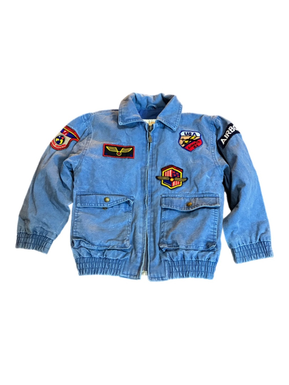 Vintage London Fog Kids Blue Patch Bomber Flight Jacket Aviator Airborne Sz 5/6